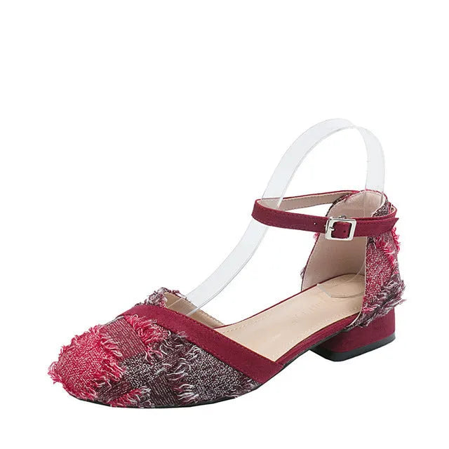 Women's apricot suede d'Orsay flats with an ankle strap and a low rubber sole