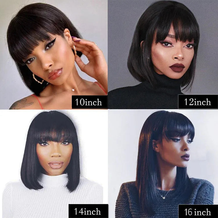 Black human hair wig showing 10 inch short to medium length on a mannequin head.