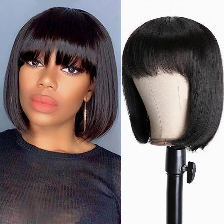 Black human hair wig showing 10 inch short to medium length on a mannequin head.