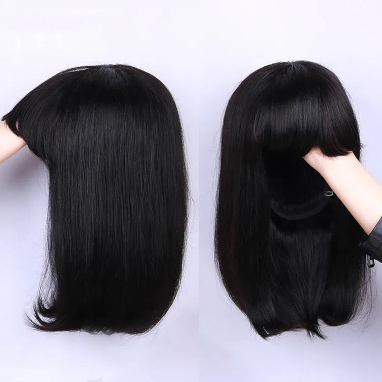 Black human hair wig showing 10 inch short to medium length on a mannequin head.