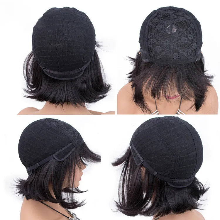 Black human hair wig showing 10 inch short to medium length on a mannequin head.
