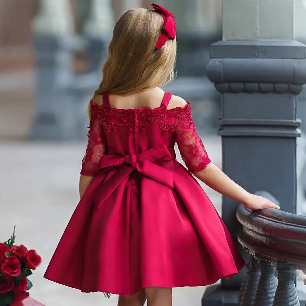 Girls lace-trimmed polyester summer dress available in multiple colours including dark red, green, pink, red, and white