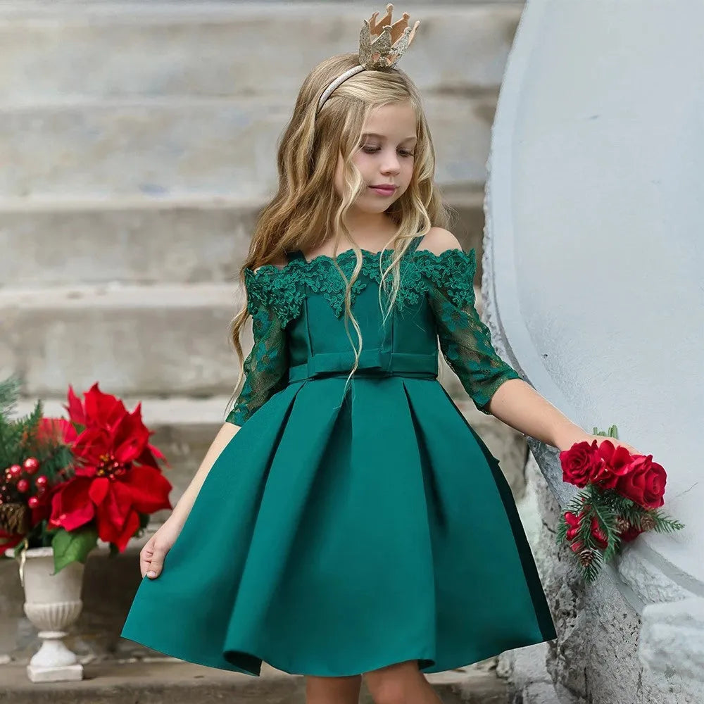 Girls lace-trimmed polyester summer dress available in multiple colours including dark red, green, pink, red, and white