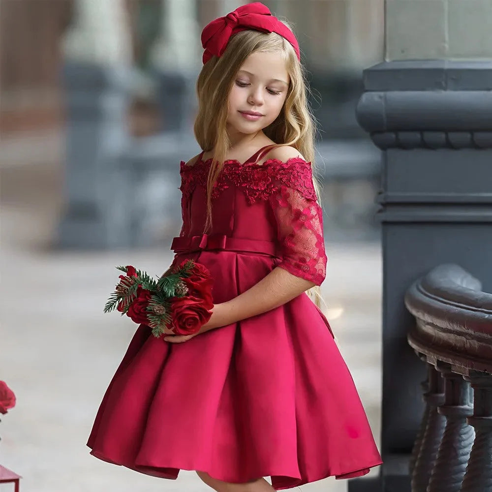 Girls lace-trimmed polyester summer dress available in multiple colours including dark red, green, pink, red, and white