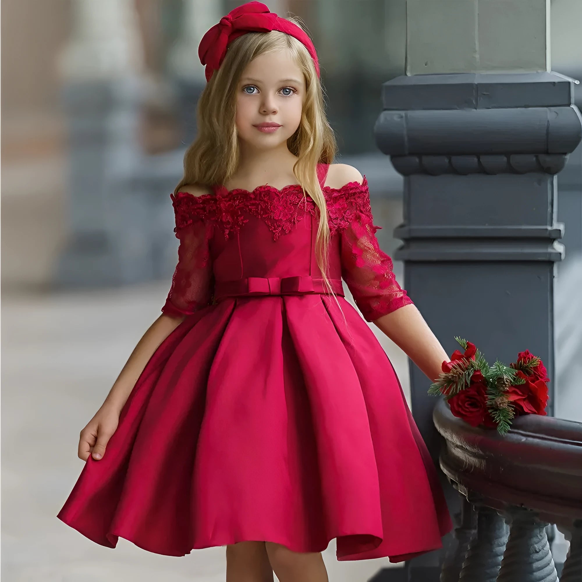 Girls lace-trimmed polyester summer dress available in multiple colours including dark red, green, pink, red, and white