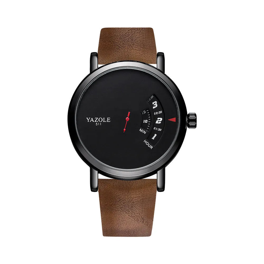 Men's wristwatch with turntable design on dial, metal case, and pin buckle strap