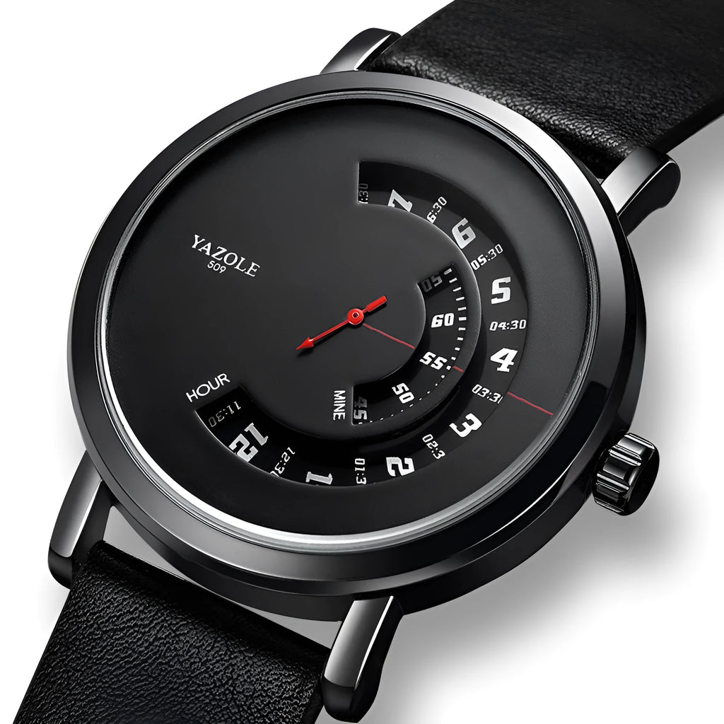 Men's wristwatch with turntable design on dial, metal case, and pin buckle strap