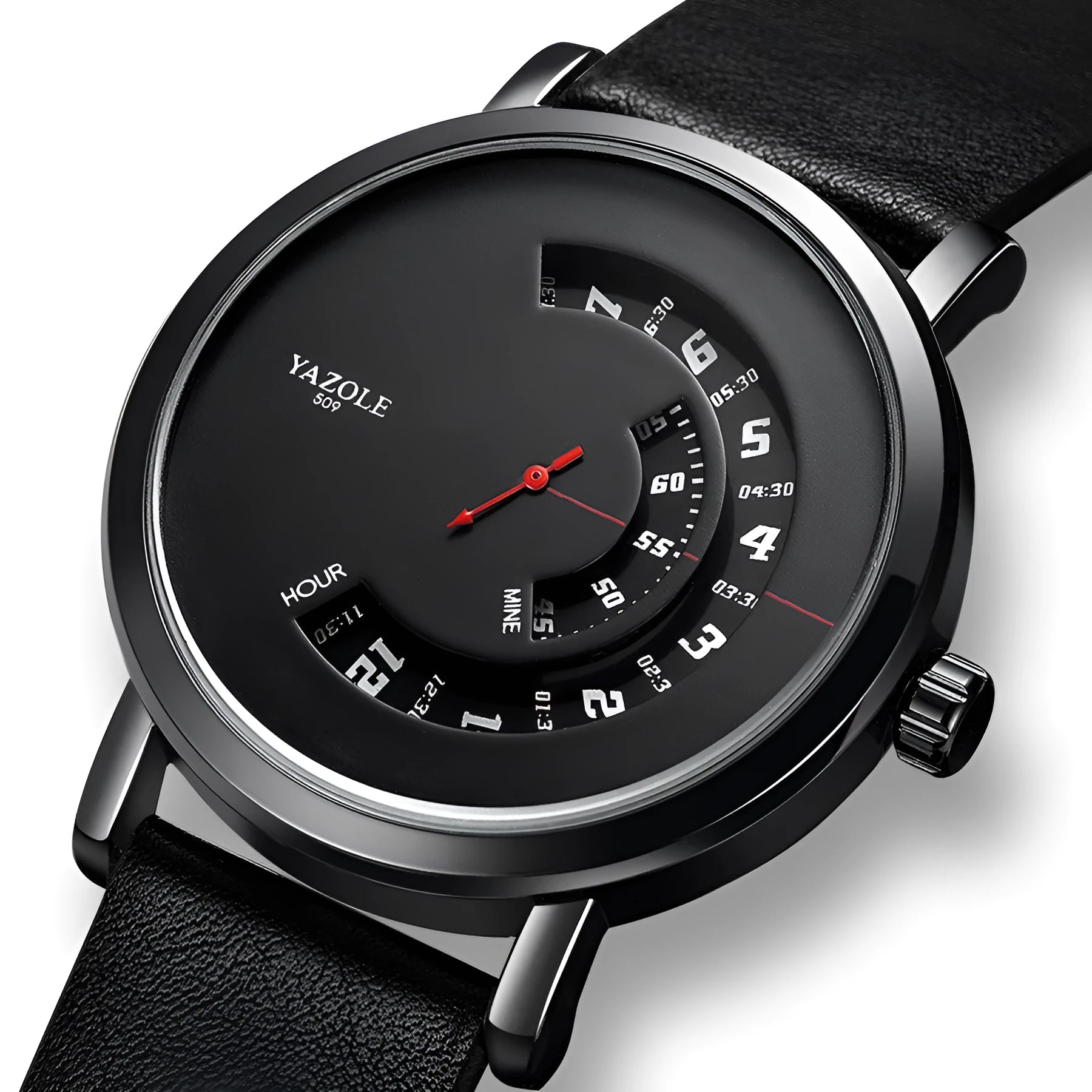 Men's wristwatch with turntable design on dial, metal case, and pin buckle strap