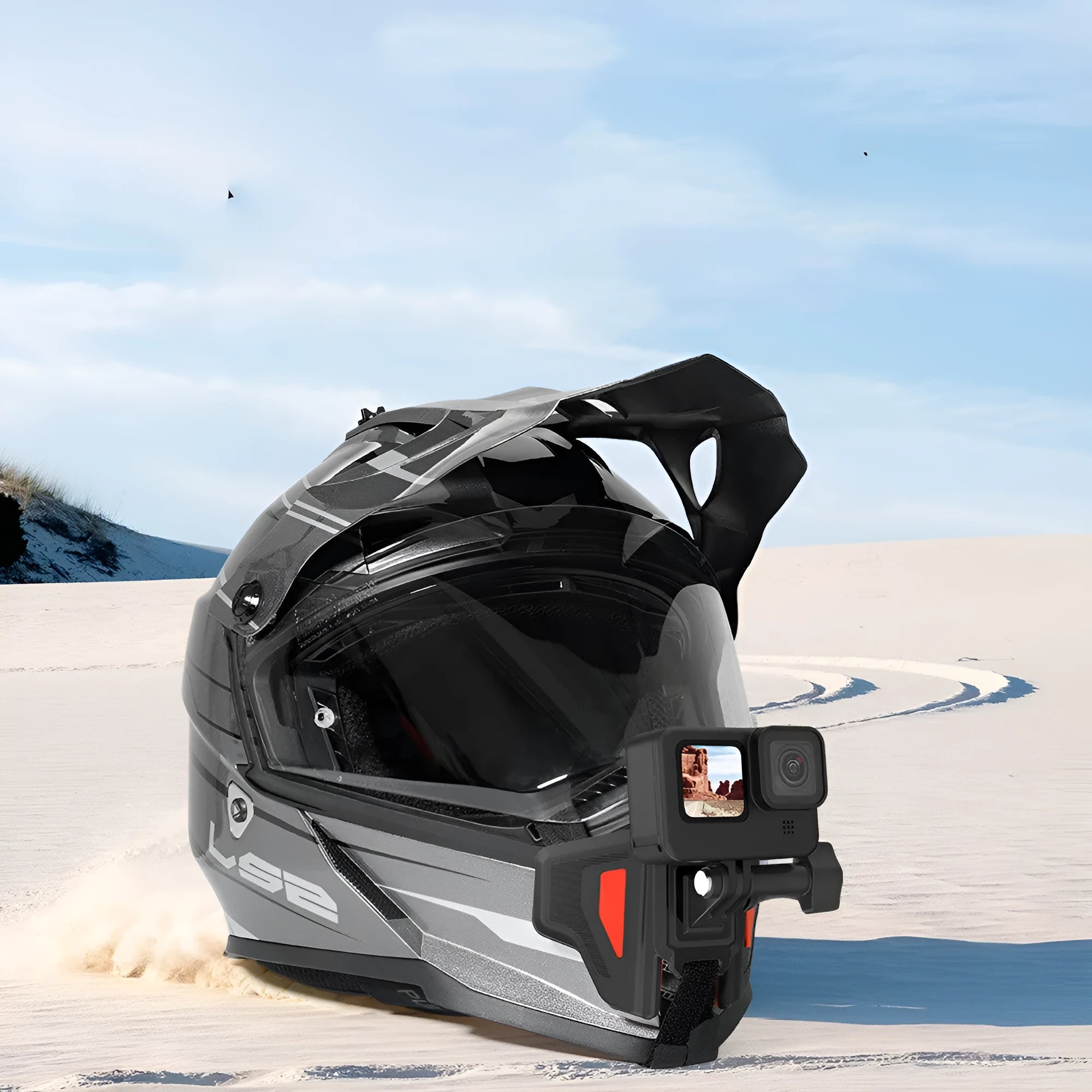 Black GoPro motorcycle helmet chin strap mount bracket for action cameras