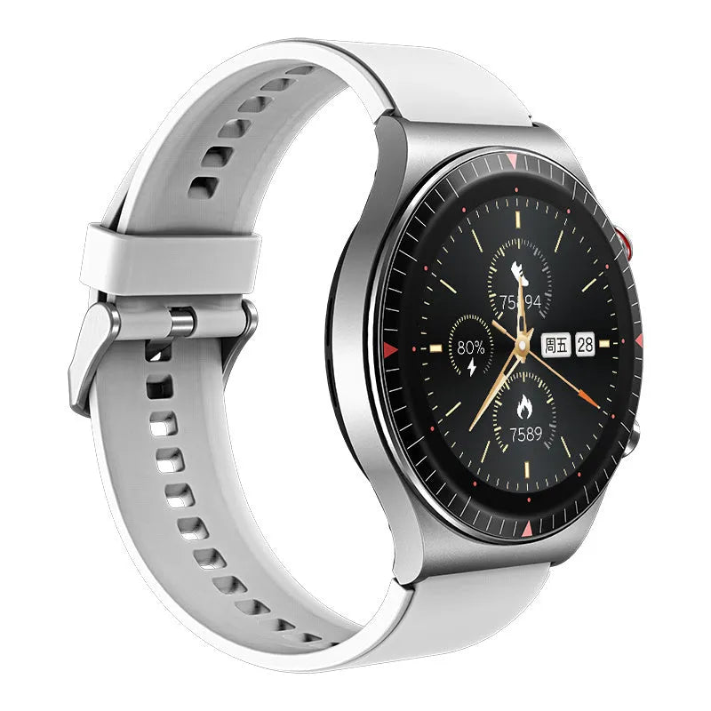 Black smart watch with circular touch screen and silicone strap showing Bluetooth call and music playback interface