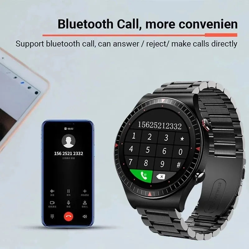 Black smart watch with circular touch screen and silicone strap showing Bluetooth call and music playback interface