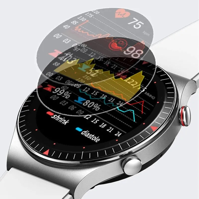 Black smart watch with circular touch screen and silicone strap showing Bluetooth call and music playback interface