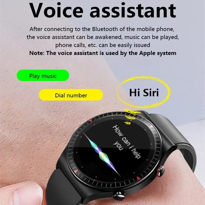 Black smart watch with circular touch screen and silicone strap showing Bluetooth call and music playback interface