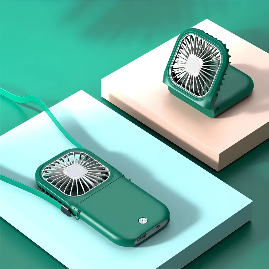 Hands-free neck fan with USB rechargeable 3000mAh battery, three speed settings, and quiet cooling in pink colour