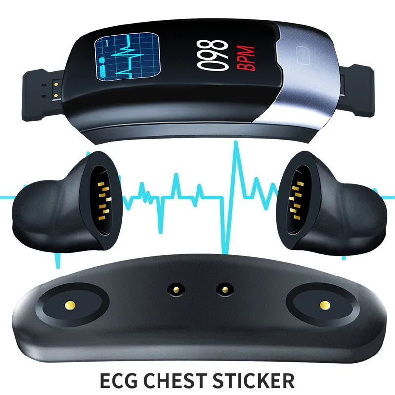 Black multifunctional smart bracelet with digital display for heart rate, blood pressure, and sleep monitoring.