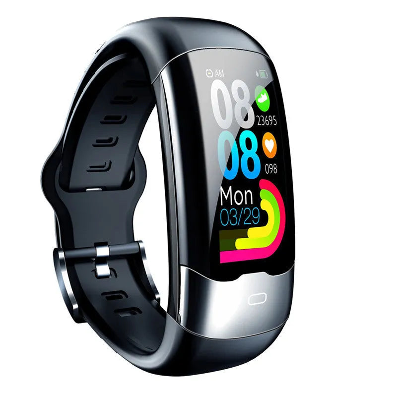 Black multifunctional smart bracelet with digital display for heart rate, blood pressure, and sleep monitoring.