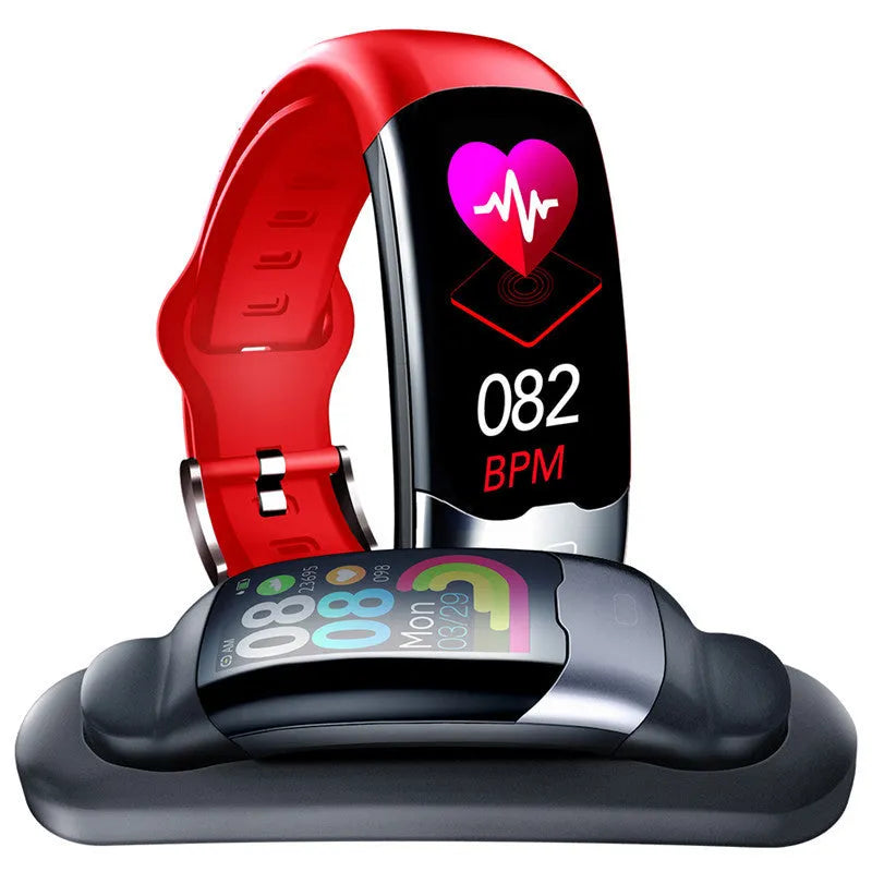 Black multifunctional smart bracelet with digital display for heart rate, blood pressure, and sleep monitoring.