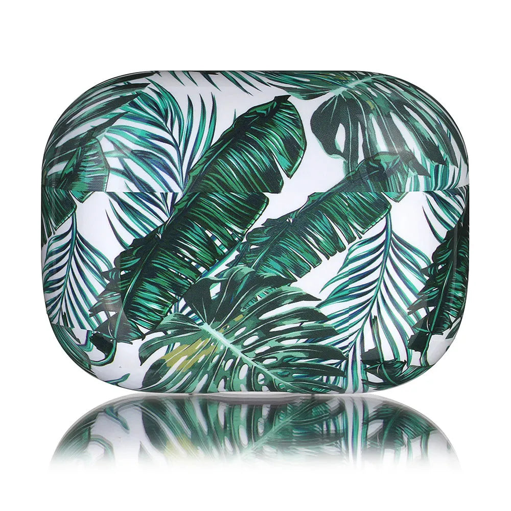 Blue and green banana leaves design soft TPU protective case for Apple AirPods charging case.