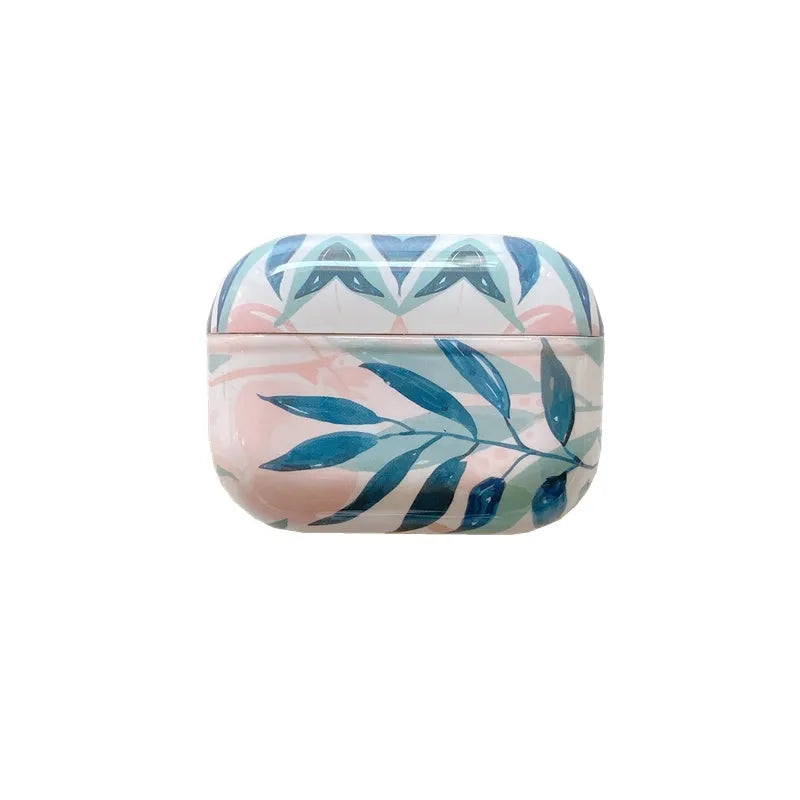 Blue and green banana leaves design soft TPU protective case for Apple AirPods charging case.