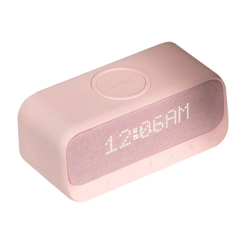 White Bluetooth speaker with wireless charging pad and touch controls showing 82x92x200mm dimensions