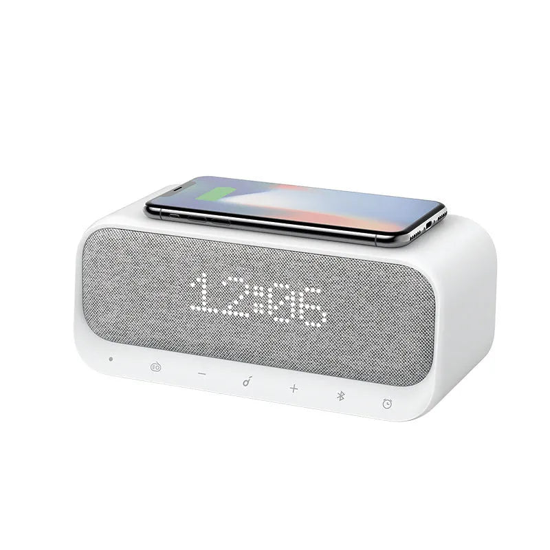 White Bluetooth speaker with wireless charging pad and touch controls showing 82x92x200mm dimensions