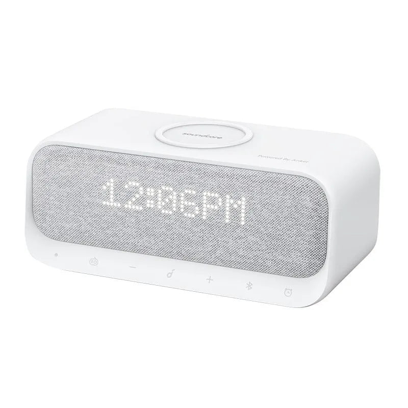 White Bluetooth speaker with wireless charging pad and touch controls showing 82x92x200mm dimensions