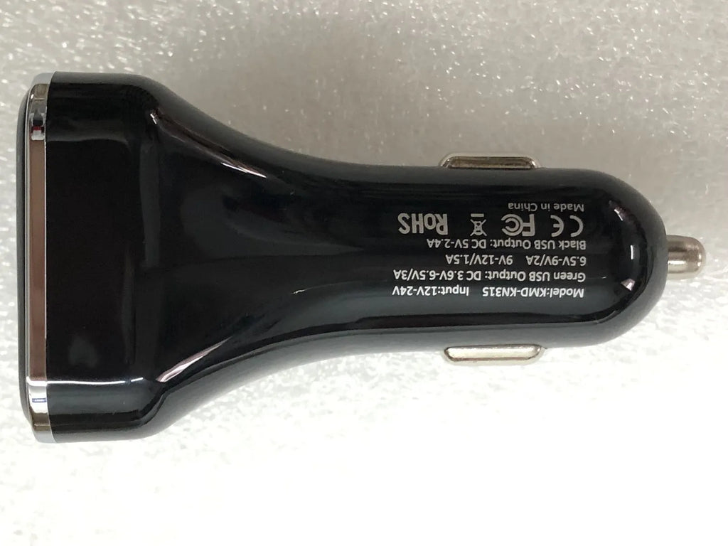 Black car charger with LCD display showing voltage reading, dual USB ports, PC+ABS construction
