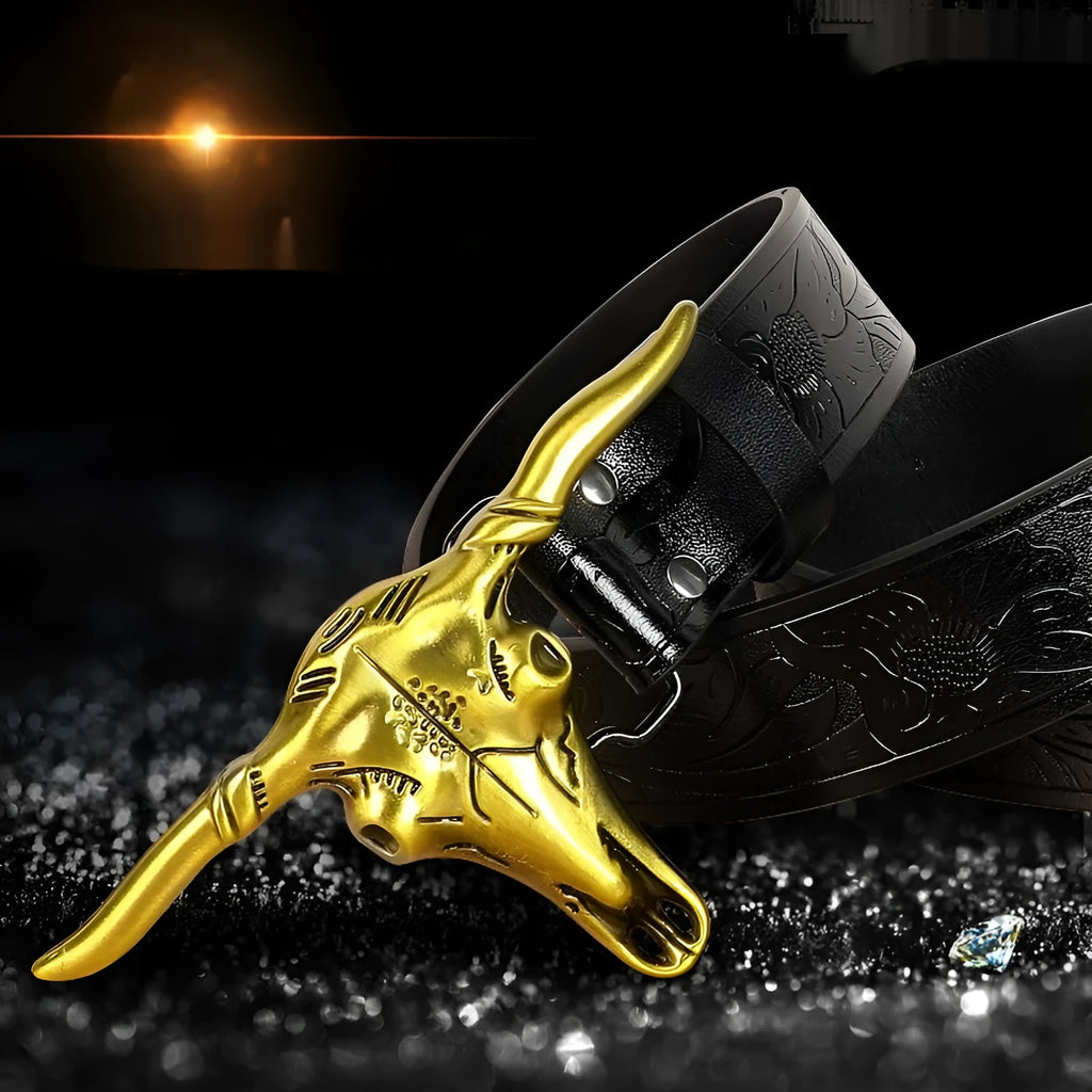 Men's brown leather belt with detailed cow head alloy buckle and pin fastening mechanism