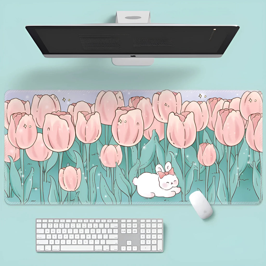 Large floral cartoon pattern mouse pad on desk with natural rubber non-slip base