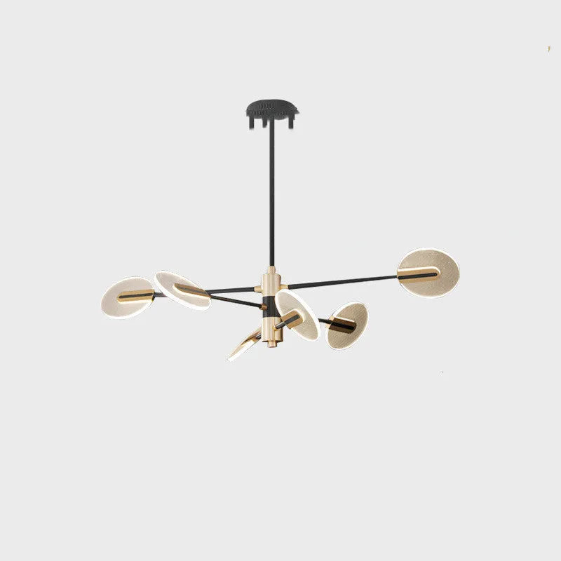 Modern iron and acrylic LED chandelier pendant light with multiple heads for ceiling installation.