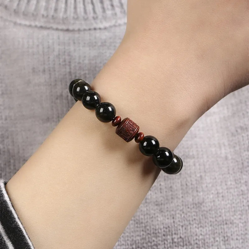 Hand-woven unisex 10mm round Golden Obsidian bracelet in retro National style