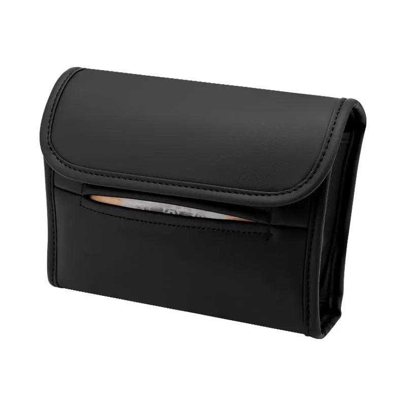 Leather car tissue box with elastic band for mounting on vehicle sun visor or headrest