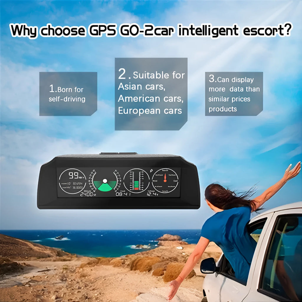 GPS GO 2 car HUD with colour LCD display showing speed and compass, carbon fibre design on dashboard