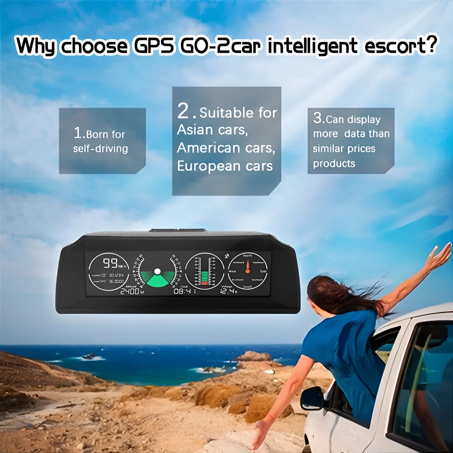 GPS GO 2 car HUD with colour LCD display showing speed and compass, carbon fibre design on dashboard