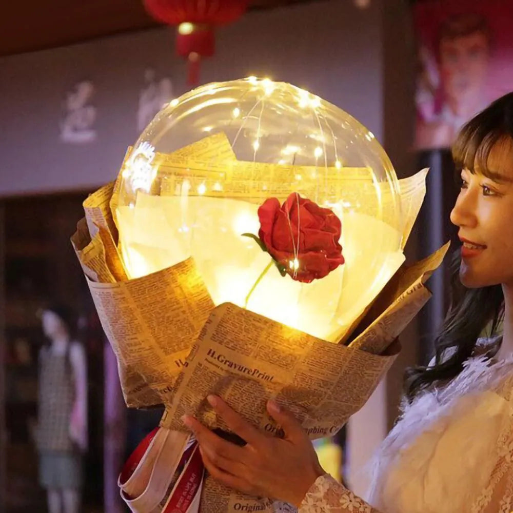 LED Luminous Balloon Rose Bouquet transparent bobo balloon with artificial rose and LED light