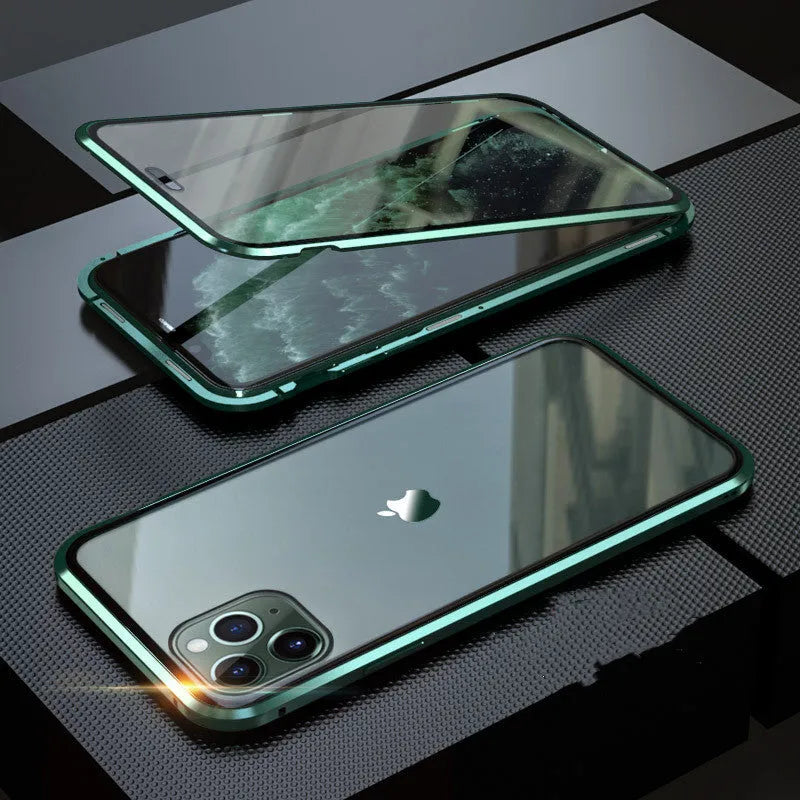 Glass anti-spy clamshell phone case in six colours for various iPhone models.