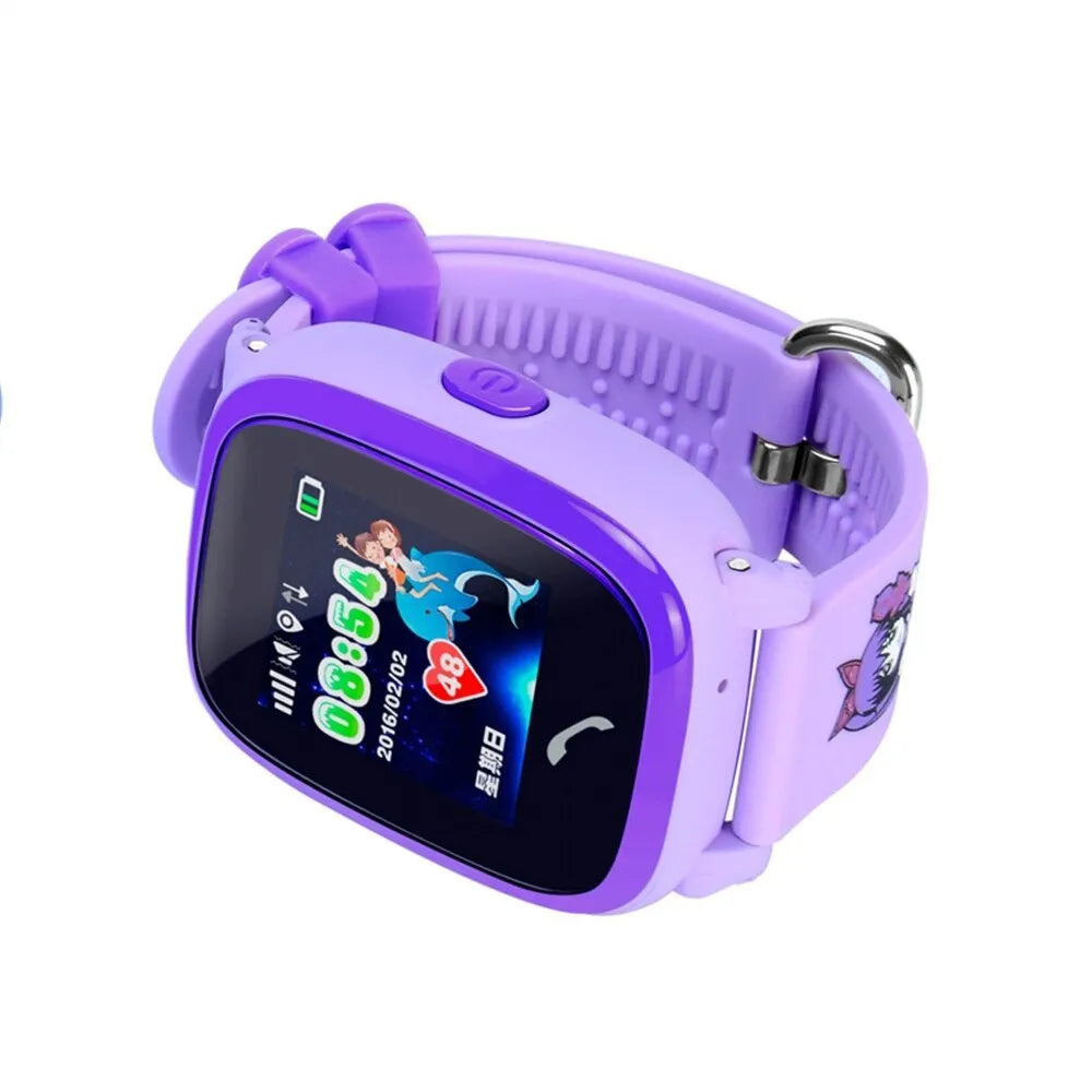 DF25 blue children's waterproof smart watch with touch screen and silicone wristband on a wrist.