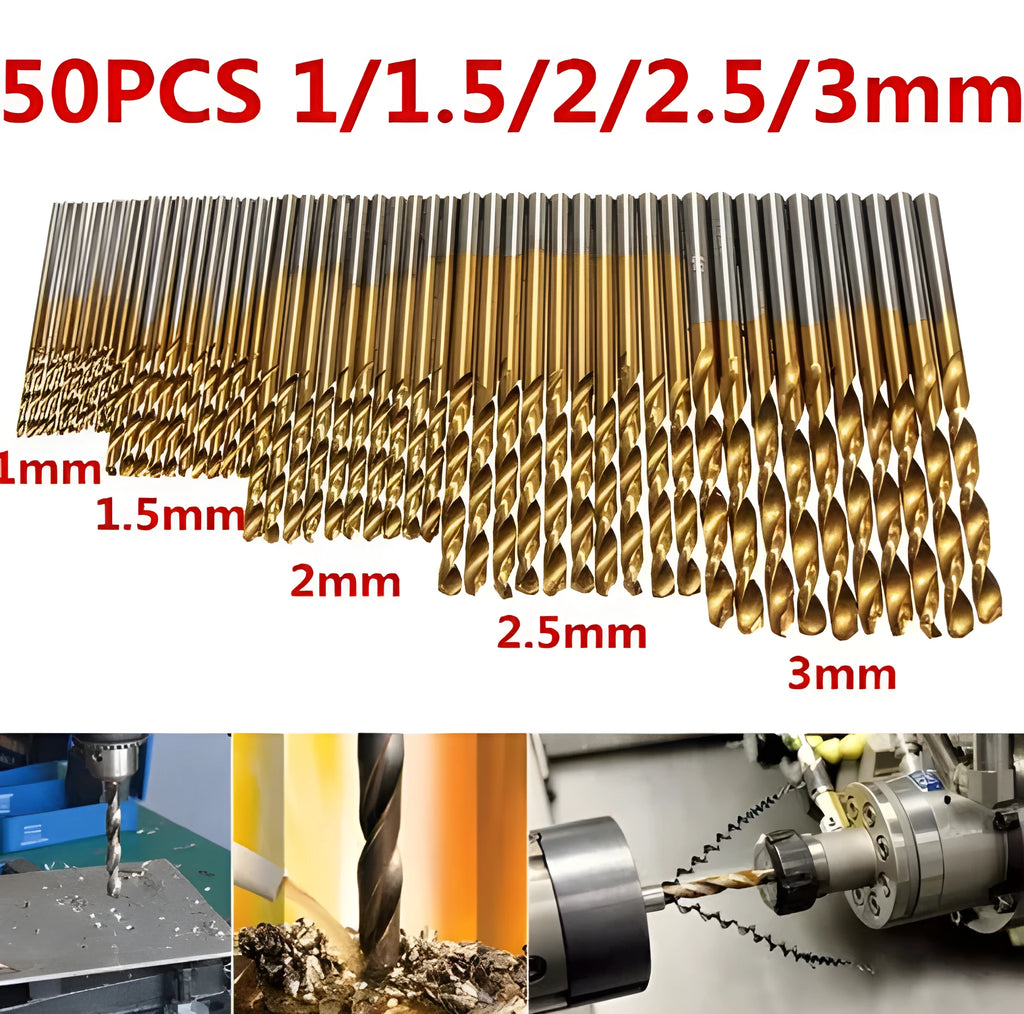 50 piece titanium coated high speed steel twist drill bit set in mixed sizes