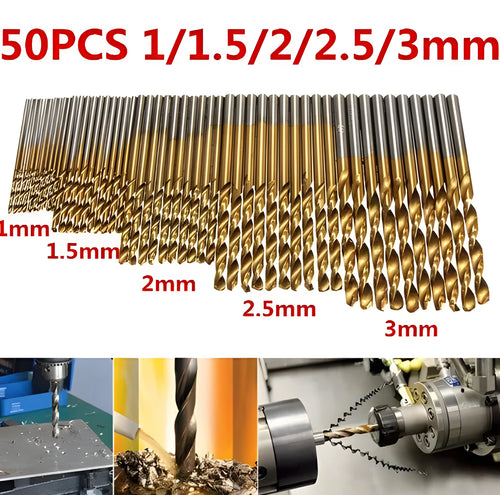 50 piece titanium coated high speed steel twist drill bit set in mixed sizes