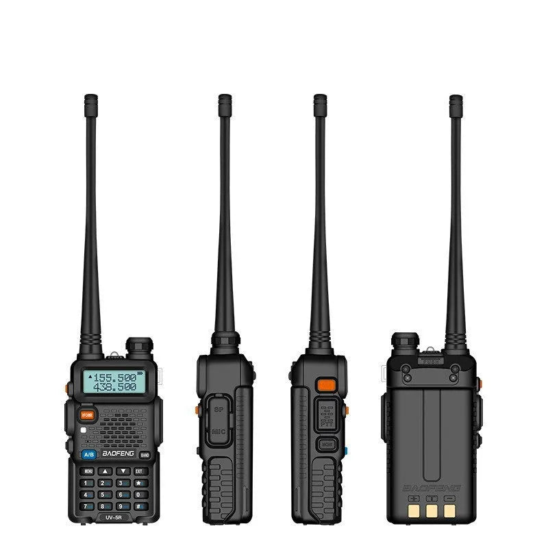 Baofeng UV5R portable walkie talkie in black plastic with antenna and belt clip