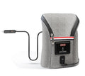 Grey Oxford cloth portable car USB baby bottle warmer showing electronic temperature display and hanging buckle.
