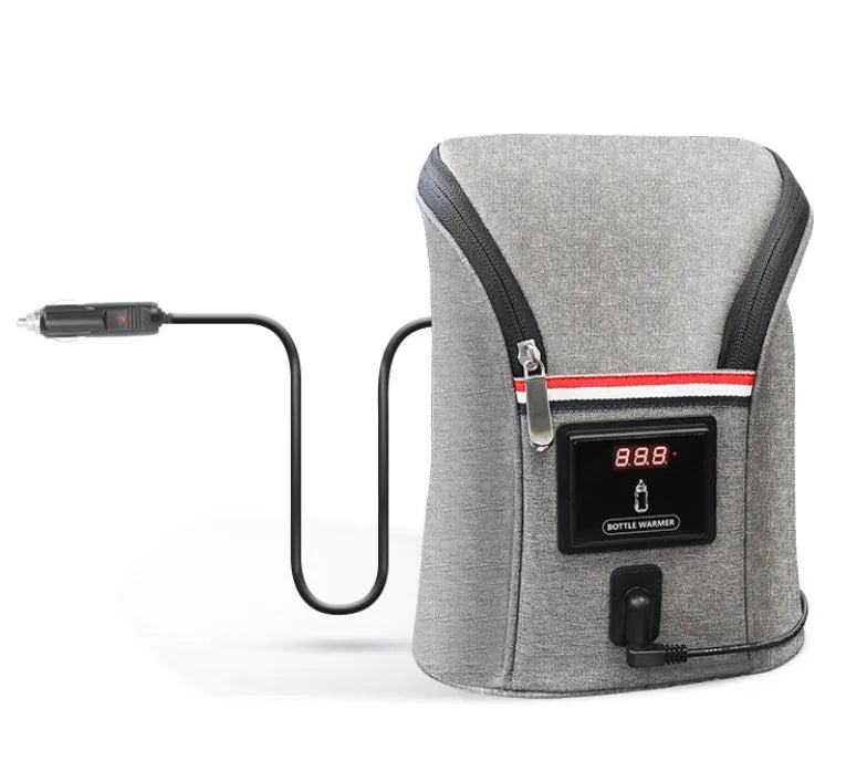 Grey Oxford cloth portable car USB baby bottle warmer showing electronic temperature display and hanging buckle.
