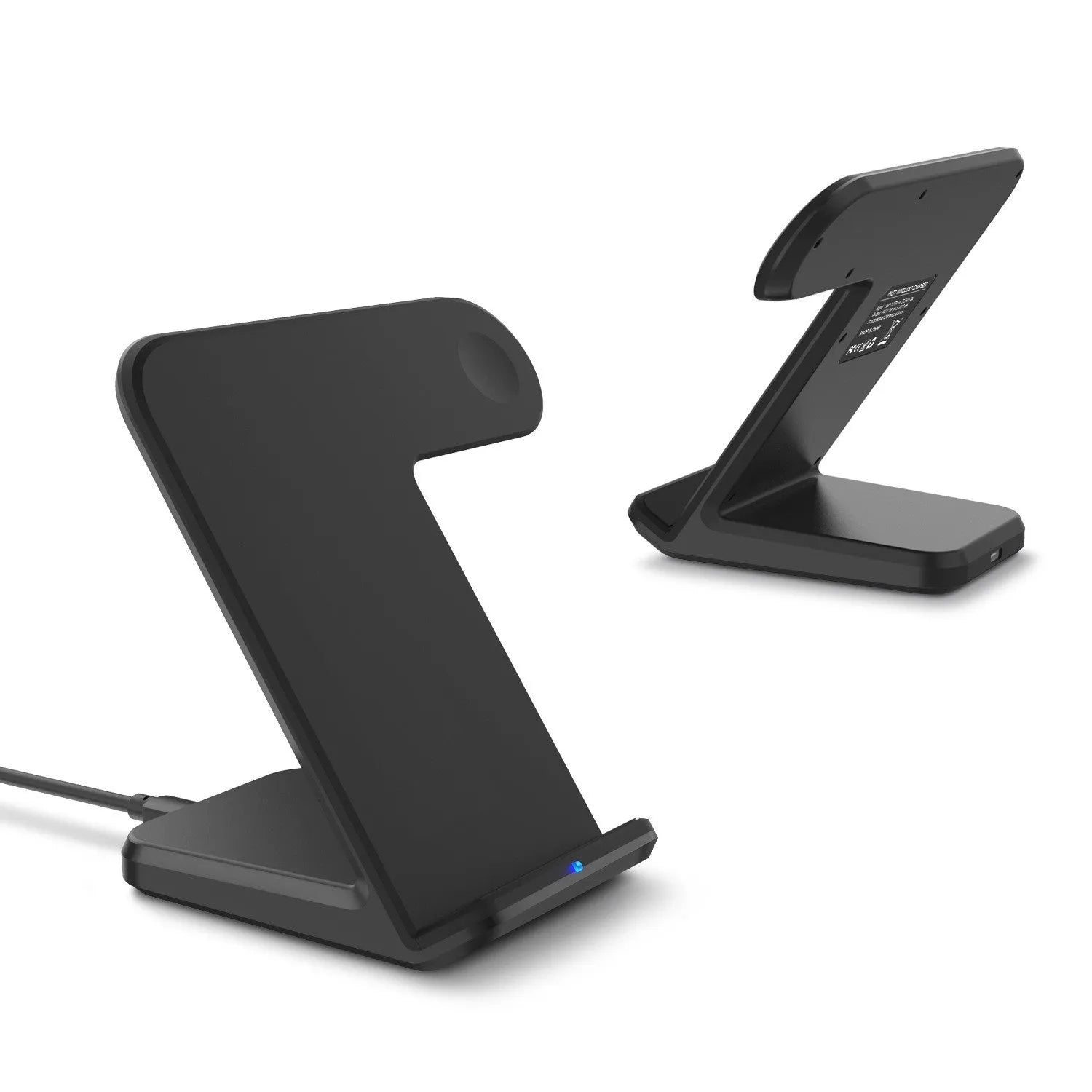 Black wireless phone charger with Type-C cable on desk