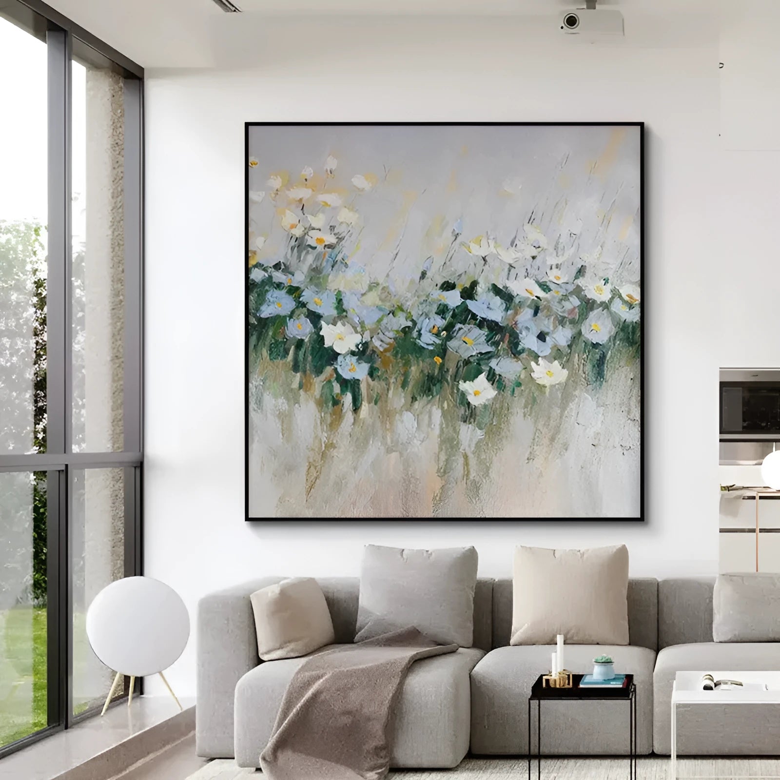 Hand-painted oil painting on canvas, modern blue flowers, square frameless unstretched artwork