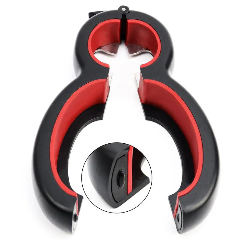 Six-in-one ergonomic bottle and can opener with stainless steel head and soft grey handle on a kitchen countertop