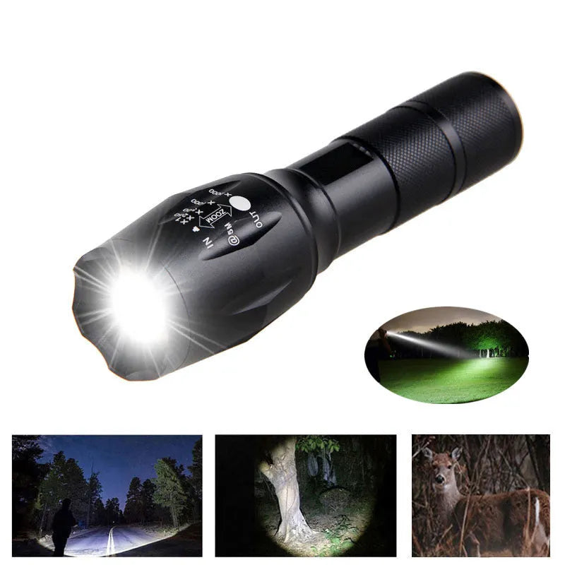 Portable mini LED zoom torch aluminium alloy body black colour adjustable focus 200-500 metre range outdoor flashlight
