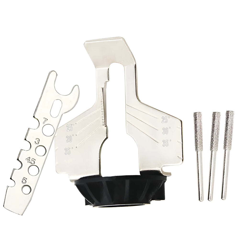 Silver mini electric chain grinding machine with metal band saw blade showing tooth detail