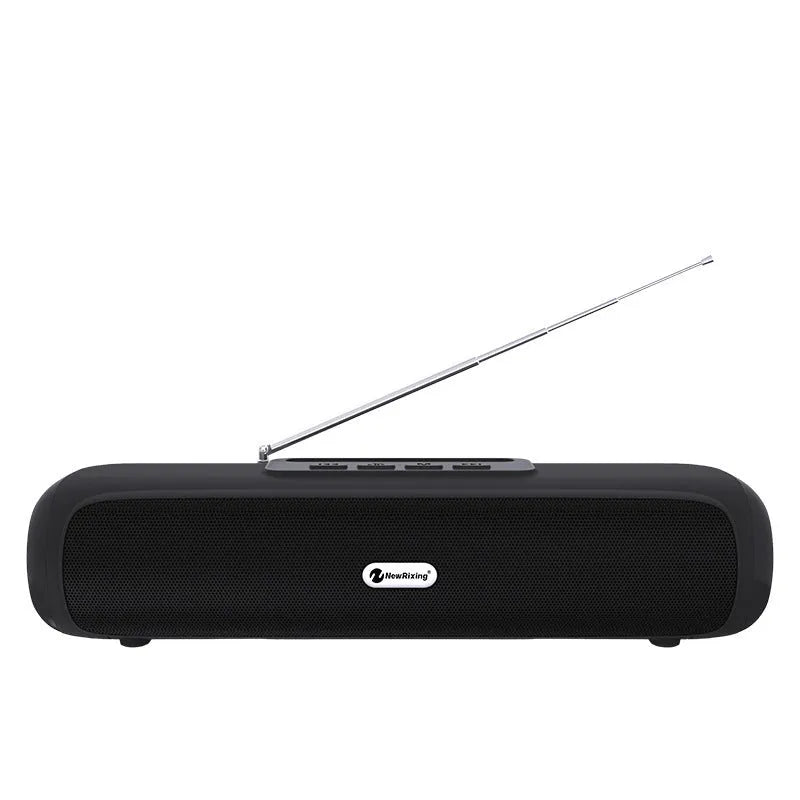 Wireless desktop long strip subwoofer speaker in black showing Bluetooth connectivity and USB charging