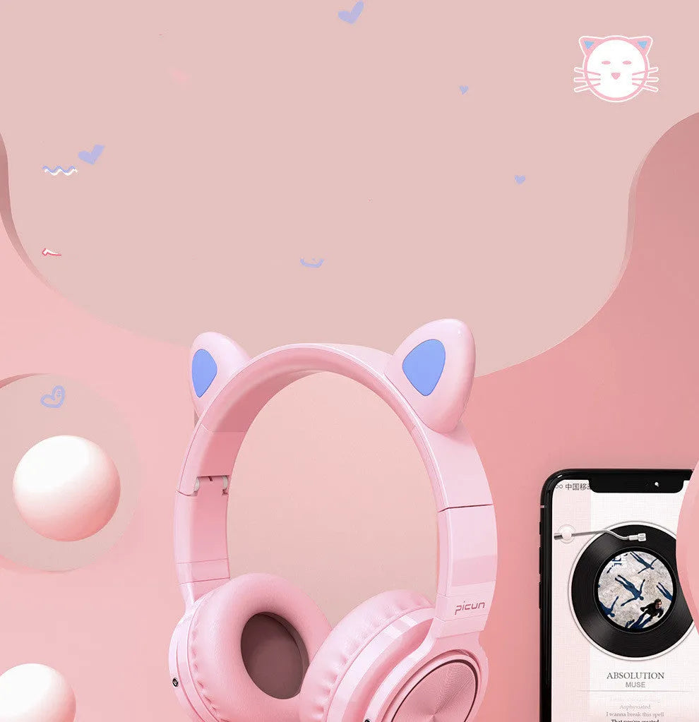 Pink white luminous Bluetooth headset with head-mounted design and protein ear pads