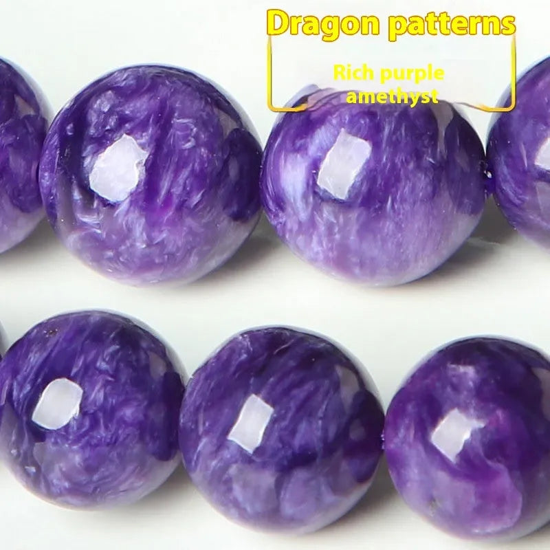 Natural transparent charoite crystal bracelet with platinum links, showing different bead size options.